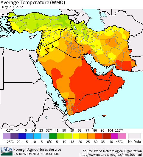 Middle East and Turkey Average Temperature (WMO) Thematic Map For 5/2/2022 - 5/8/2022