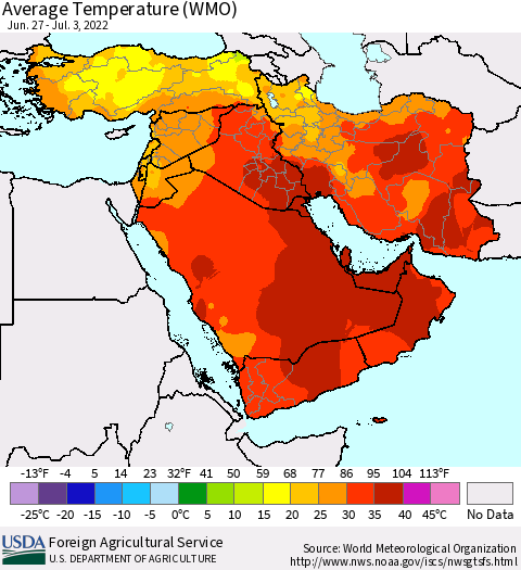 Middle East and Turkey Average Temperature (WMO) Thematic Map For 6/27/2022 - 7/3/2022