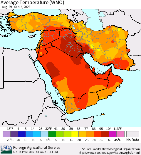 Middle East and Turkey Average Temperature (WMO) Thematic Map For 8/29/2022 - 9/4/2022