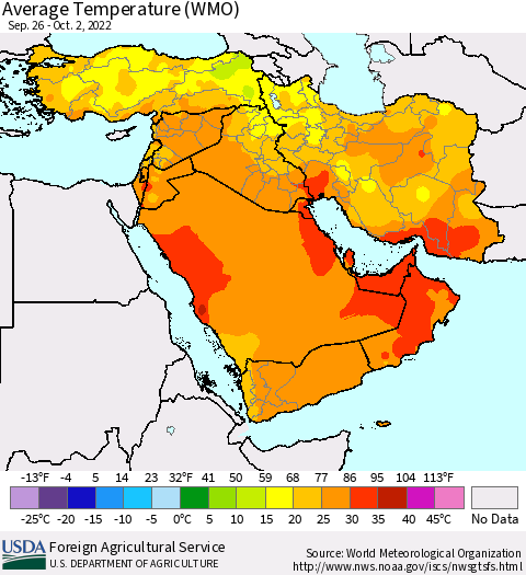 Middle East and Turkey Average Temperature (WMO) Thematic Map For 9/26/2022 - 10/2/2022