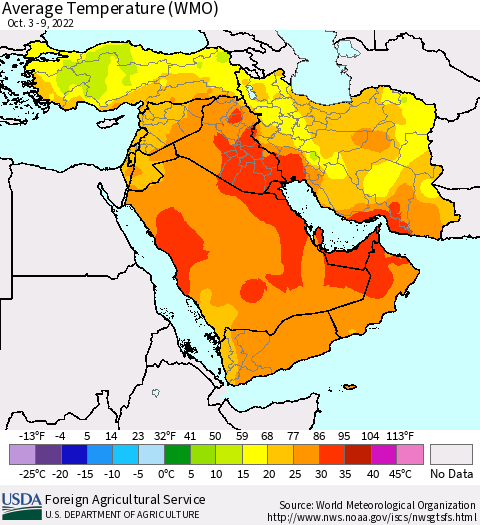 Middle East and Turkey Average Temperature (WMO) Thematic Map For 10/3/2022 - 10/9/2022