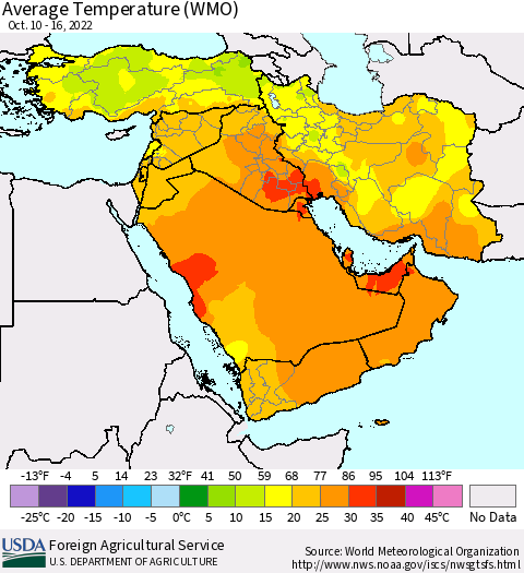 Middle East and Turkey Average Temperature (WMO) Thematic Map For 10/10/2022 - 10/16/2022