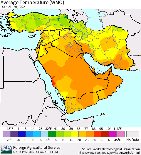 Middle East and Turkey Average Temperature (WMO) Thematic Map For 10/24/2022 - 10/30/2022