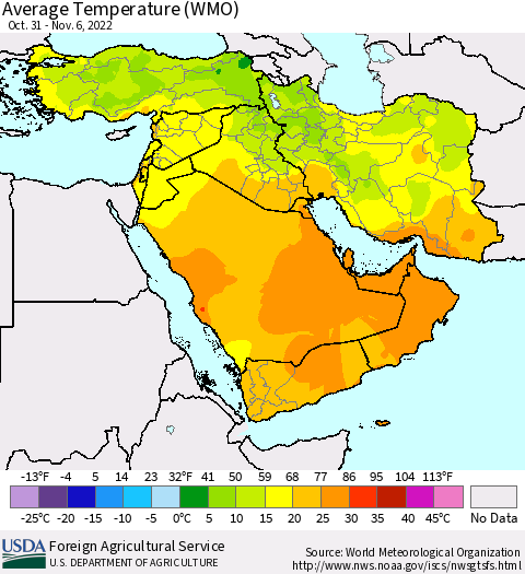 Middle East and Turkey Average Temperature (WMO) Thematic Map For 10/31/2022 - 11/6/2022