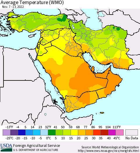 Middle East and Turkey Average Temperature (WMO) Thematic Map For 11/7/2022 - 11/13/2022