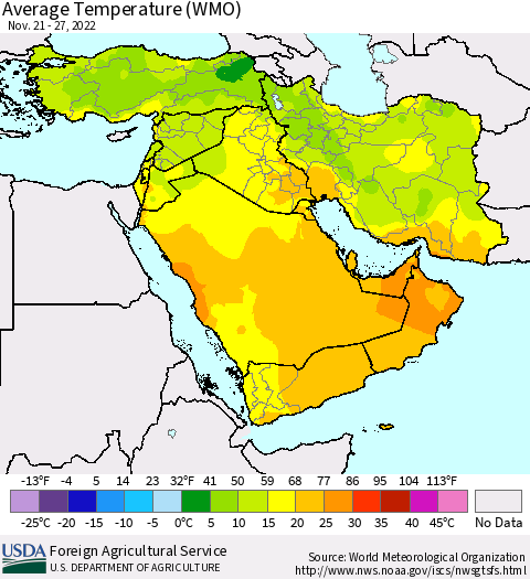 Middle East and Turkey Average Temperature (WMO) Thematic Map For 11/21/2022 - 11/27/2022