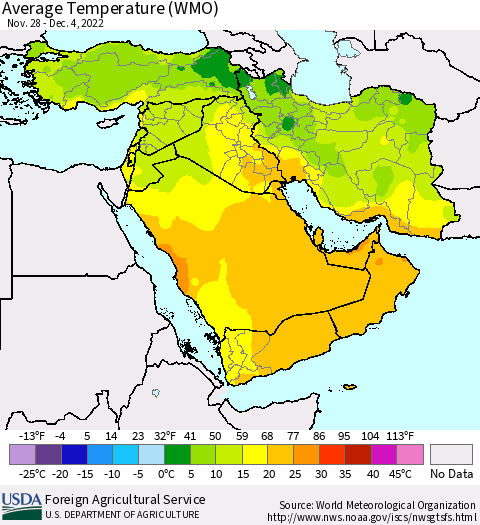 Middle East and Turkey Average Temperature (WMO) Thematic Map For 11/28/2022 - 12/4/2022