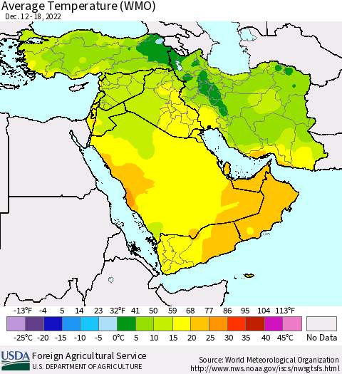 Middle East and Turkey Average Temperature (WMO) Thematic Map For 12/12/2022 - 12/18/2022