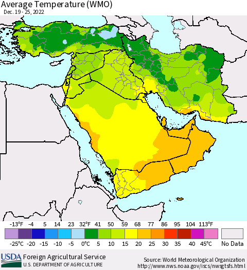 Middle East and Turkey Average Temperature (WMO) Thematic Map For 12/19/2022 - 12/25/2022