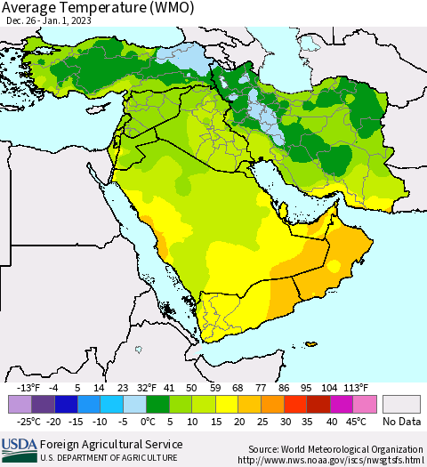 Middle East and Turkey Average Temperature (WMO) Thematic Map For 12/26/2022 - 1/1/2023