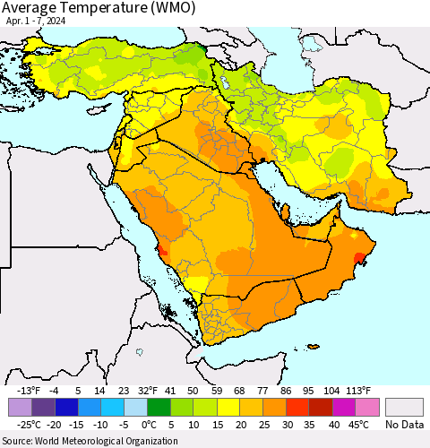 Middle East and Turkey Average Temperature (WMO) Thematic Map For 4/1/2024 - 4/7/2024