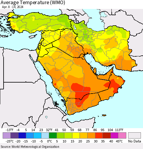 Middle East and Turkey Average Temperature (WMO) Thematic Map For 4/8/2024 - 4/14/2024