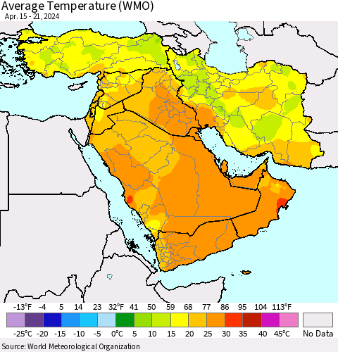Middle East and Turkey Average Temperature (WMO) Thematic Map For 4/15/2024 - 4/21/2024