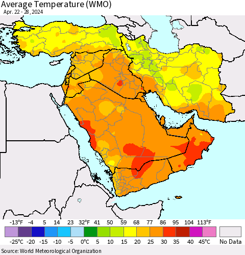 Middle East and Turkey Average Temperature (WMO) Thematic Map For 4/22/2024 - 4/28/2024