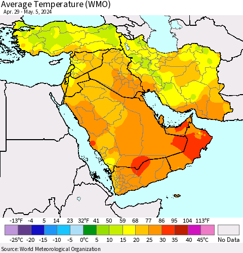 Middle East and Turkey Average Temperature (WMO) Thematic Map For 4/29/2024 - 5/5/2024