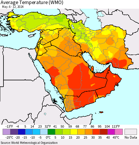Middle East and Turkey Average Temperature (WMO) Thematic Map For 5/6/2024 - 5/12/2024