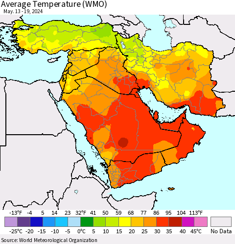 Middle East and Turkey Average Temperature (WMO) Thematic Map For 5/13/2024 - 5/19/2024