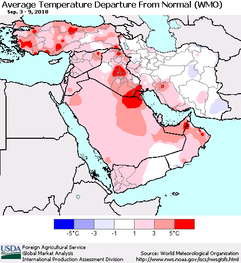 Middle East and Turkey Average Temperature Departure from Normal (WMO) Thematic Map For 9/3/2018 - 9/9/2018