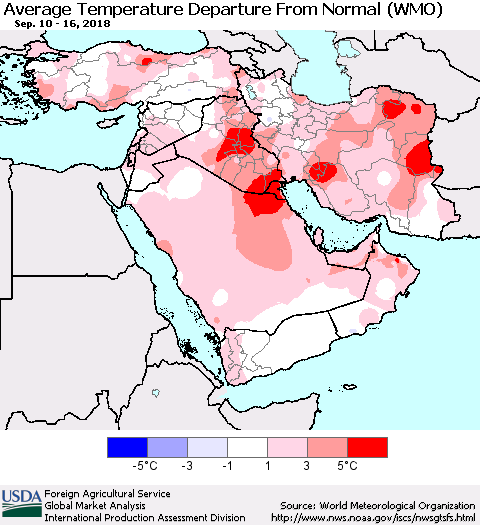 Middle East and Turkey Average Temperature Departure from Normal (WMO) Thematic Map For 9/10/2018 - 9/16/2018