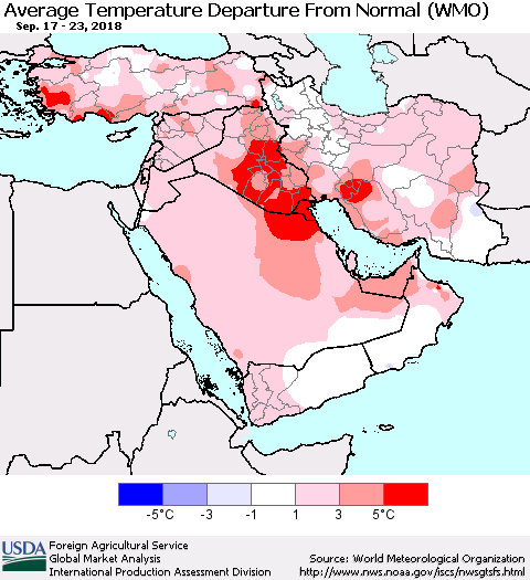Middle East and Turkey Average Temperature Departure from Normal (WMO) Thematic Map For 9/17/2018 - 9/23/2018