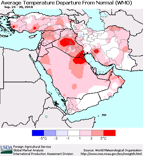 Middle East and Turkey Average Temperature Departure from Normal (WMO) Thematic Map For 9/24/2018 - 9/30/2018