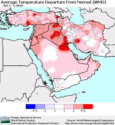 Middle East and Turkey Average Temperature Departure from Normal (WMO) Thematic Map For 10/1/2018 - 10/7/2018