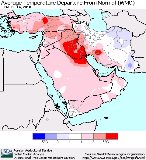 Middle East and Turkey Average Temperature Departure from Normal (WMO) Thematic Map For 10/8/2018 - 10/14/2018