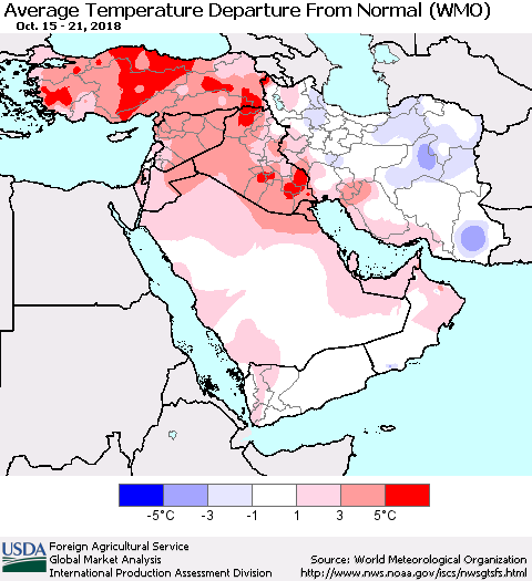 Middle East and Turkey Average Temperature Departure from Normal (WMO) Thematic Map For 10/15/2018 - 10/21/2018