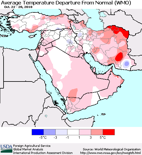 Middle East and Turkey Average Temperature Departure from Normal (WMO) Thematic Map For 10/22/2018 - 10/28/2018