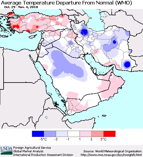 Middle East and Turkey Average Temperature Departure from Normal (WMO) Thematic Map For 10/29/2018 - 11/4/2018
