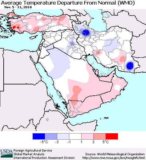 Middle East and Turkey Average Temperature Departure from Normal (WMO) Thematic Map For 11/5/2018 - 11/11/2018