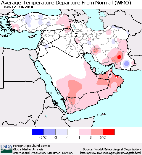Middle East and Turkey Average Temperature Departure from Normal (WMO) Thematic Map For 11/12/2018 - 11/18/2018