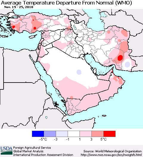 Middle East and Turkey Average Temperature Departure from Normal (WMO) Thematic Map For 11/19/2018 - 11/25/2018
