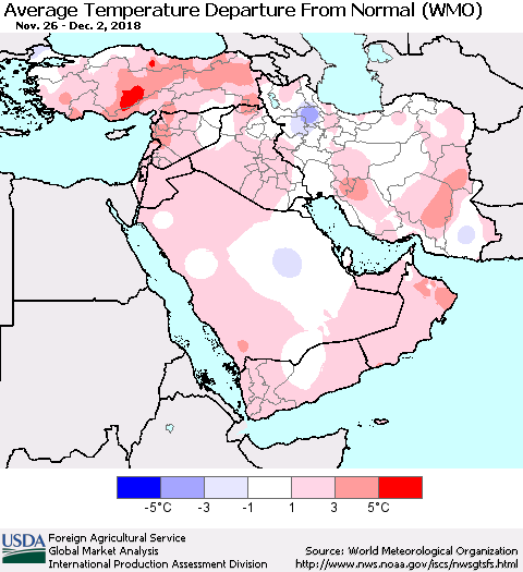 Middle East and Turkey Average Temperature Departure from Normal (WMO) Thematic Map For 11/26/2018 - 12/2/2018