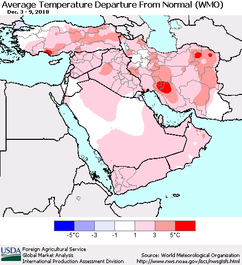 Middle East and Turkey Average Temperature Departure from Normal (WMO) Thematic Map For 12/3/2018 - 12/9/2018