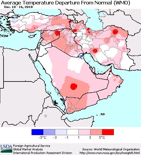 Middle East and Turkey Average Temperature Departure from Normal (WMO) Thematic Map For 12/10/2018 - 12/16/2018