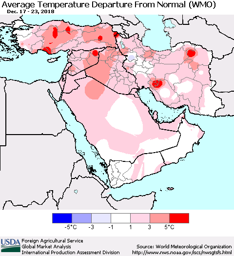 Middle East and Turkey Average Temperature Departure from Normal (WMO) Thematic Map For 12/17/2018 - 12/23/2018