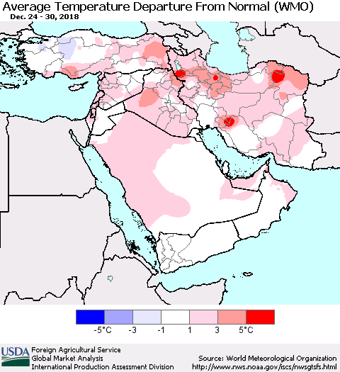 Middle East and Turkey Average Temperature Departure from Normal (WMO) Thematic Map For 12/24/2018 - 12/30/2018