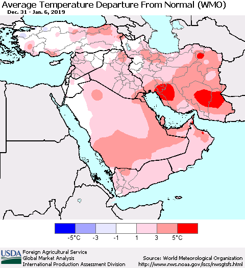 Middle East and Turkey Average Temperature Departure from Normal (WMO) Thematic Map For 12/31/2018 - 1/6/2019
