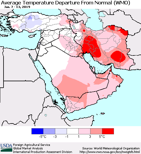 Middle East and Turkey Average Temperature Departure from Normal (WMO) Thematic Map For 1/7/2019 - 1/13/2019