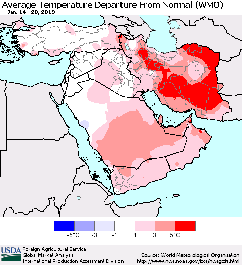 Middle East and Turkey Average Temperature Departure from Normal (WMO) Thematic Map For 1/14/2019 - 1/20/2019