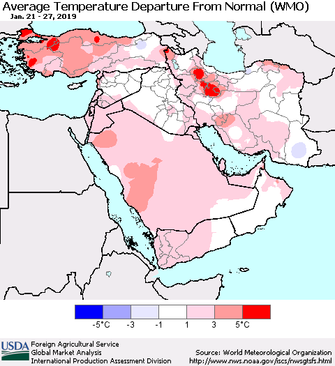 Middle East and Turkey Average Temperature Departure from Normal (WMO) Thematic Map For 1/21/2019 - 1/27/2019