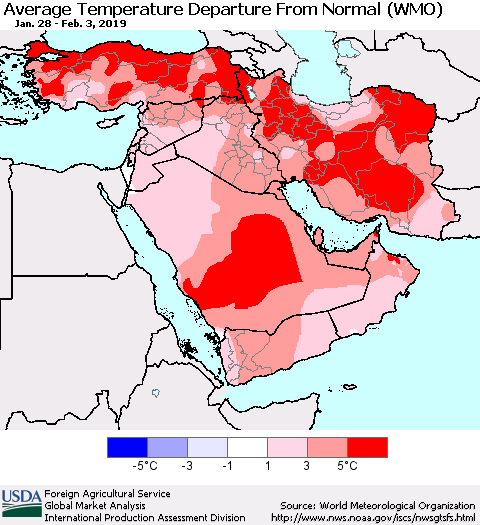 Middle East and Turkey Average Temperature Departure from Normal (WMO) Thematic Map For 1/28/2019 - 2/3/2019