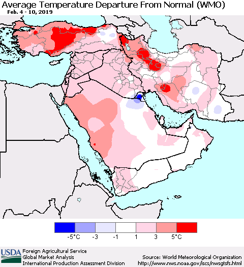 Middle East and Turkey Average Temperature Departure from Normal (WMO) Thematic Map For 2/4/2019 - 2/10/2019