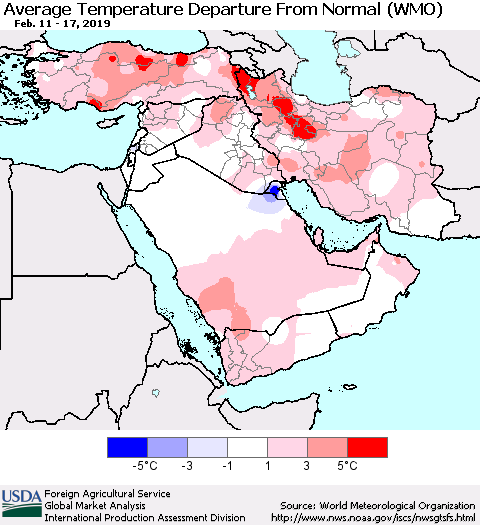Middle East and Turkey Average Temperature Departure from Normal (WMO) Thematic Map For 2/11/2019 - 2/17/2019