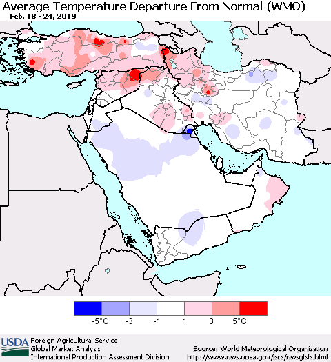 Middle East and Turkey Average Temperature Departure from Normal (WMO) Thematic Map For 2/18/2019 - 2/24/2019