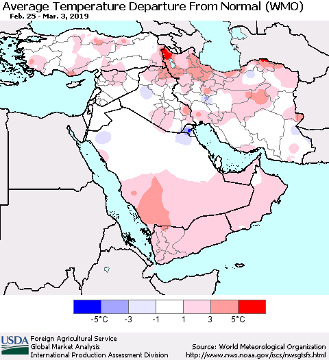 Middle East and Turkey Average Temperature Departure from Normal (WMO) Thematic Map For 2/25/2019 - 3/3/2019