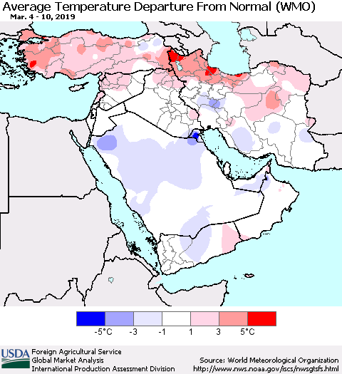 Middle East and Turkey Average Temperature Departure from Normal (WMO) Thematic Map For 3/4/2019 - 3/10/2019