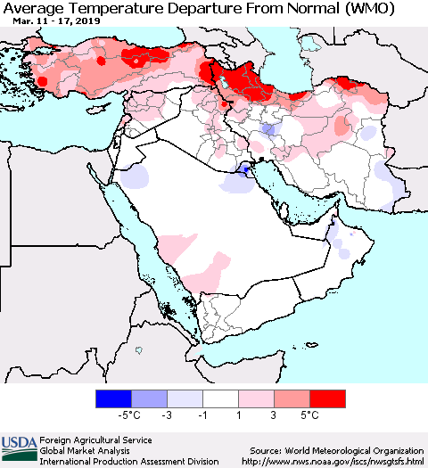 Middle East and Turkey Average Temperature Departure from Normal (WMO) Thematic Map For 3/11/2019 - 3/17/2019