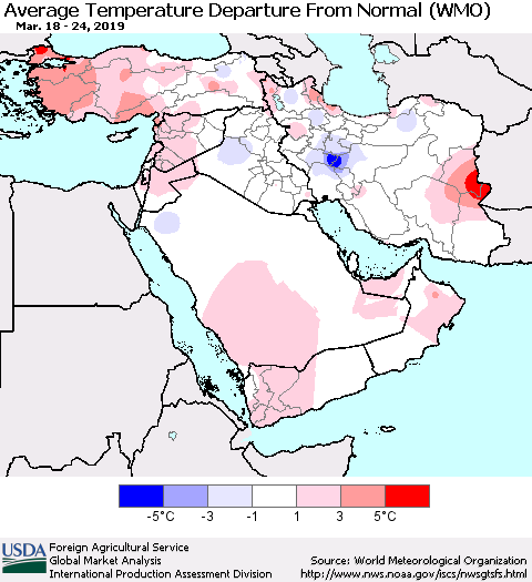 Middle East and Turkey Average Temperature Departure from Normal (WMO) Thematic Map For 3/18/2019 - 3/24/2019